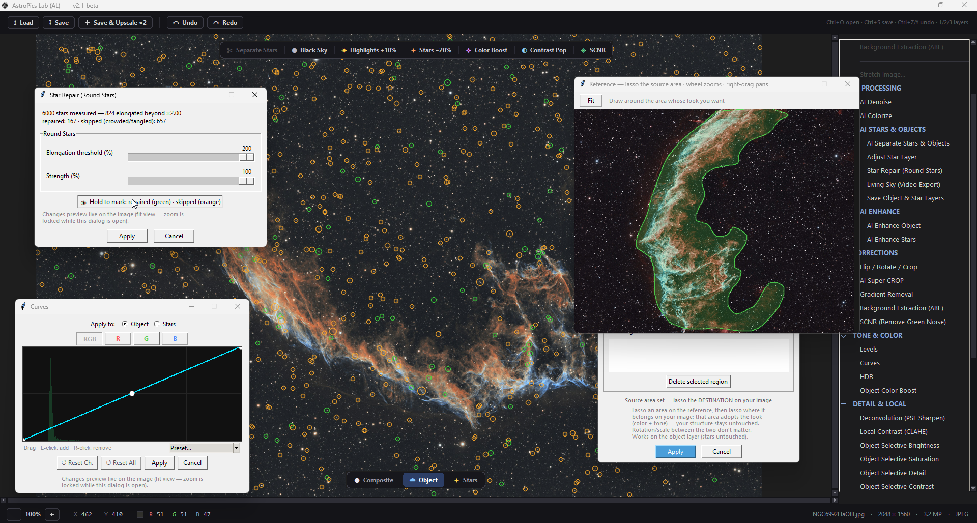 AstroPics Lab desktop software interface showing AI-powered astrophotography processing for deep-sky images.